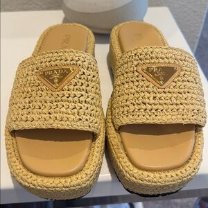 Prada Beige Woven Slide Sandals